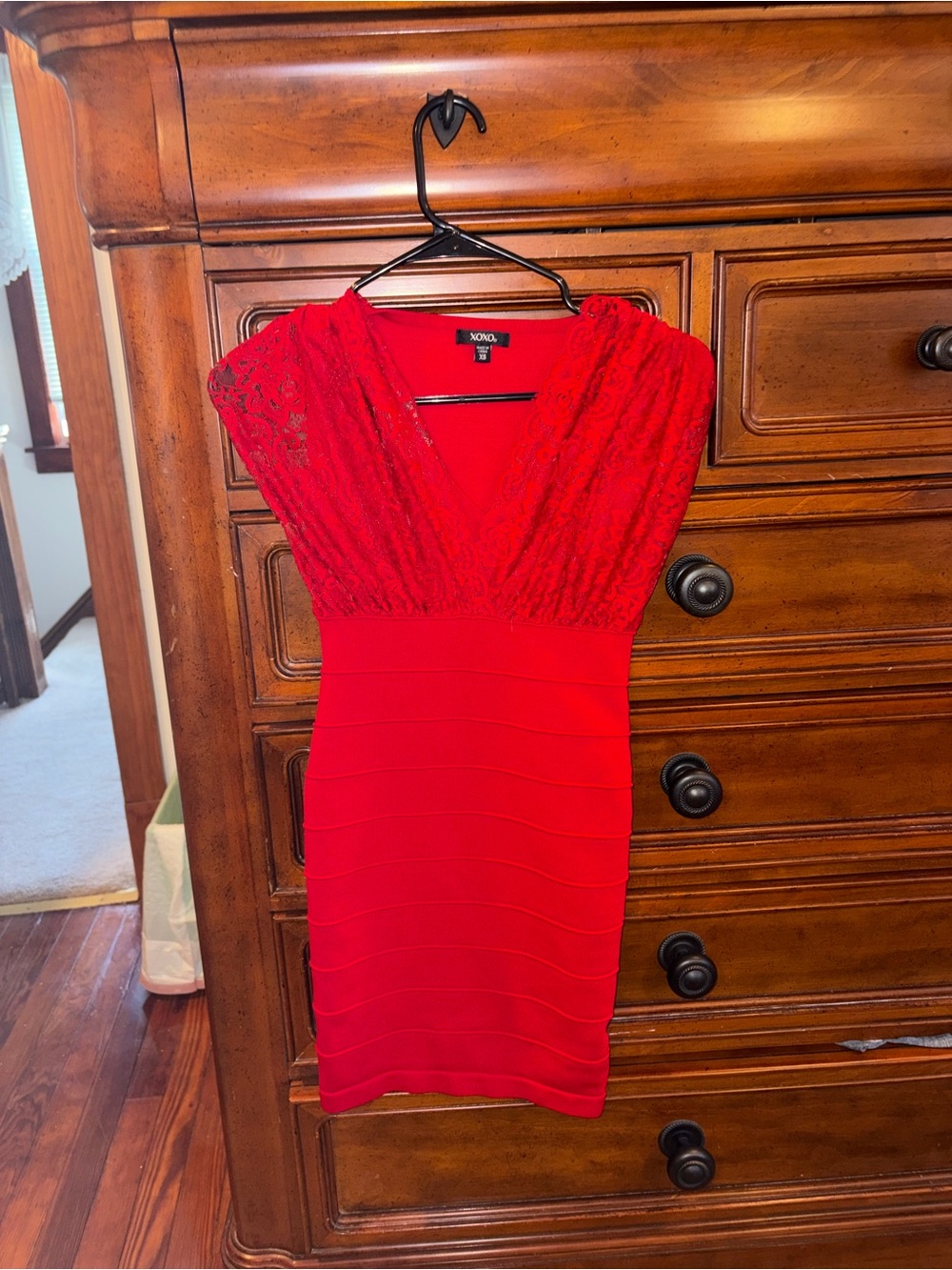 XOXO Red Lace Deep V Bodycon Bandage Dress XS